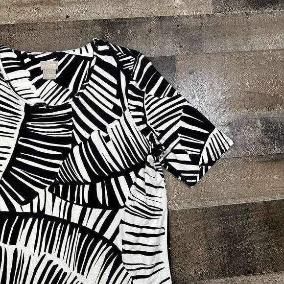 Chicos Women’s Size 0 Palm Print Top Black White Short Sleeve Side Tie Summer - Picture 2 of 9